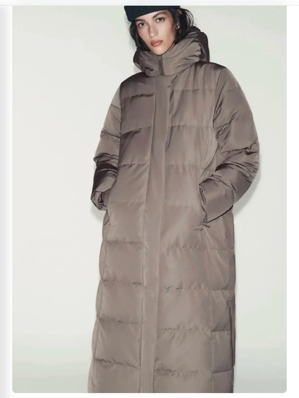 Zara Long Quilted Puffer Coat in Taupe